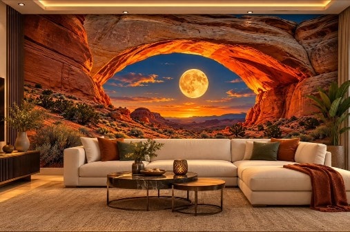 Panoramik salon duvarında kanyon ve dolunay 3D baskı uygulaması